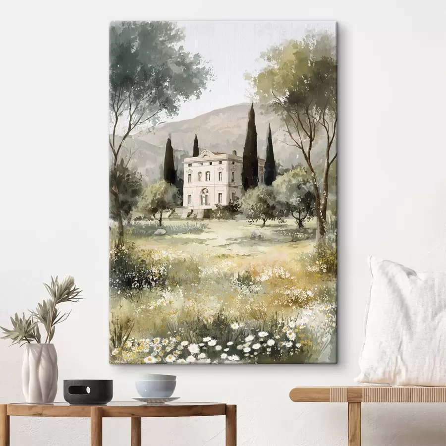 wall murals Mediterranean village with white house surrounded by garden s44796