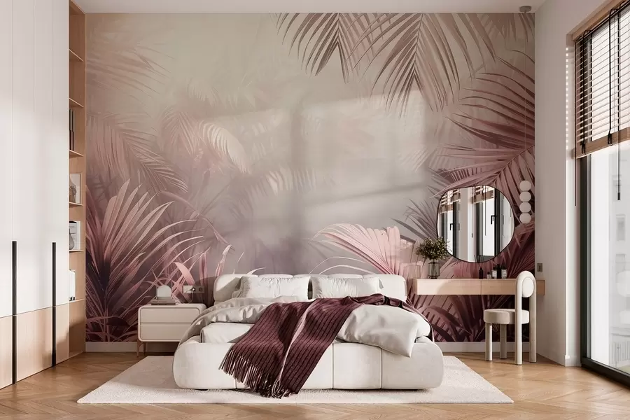 murales selva tropical con un tinte rosado w04142