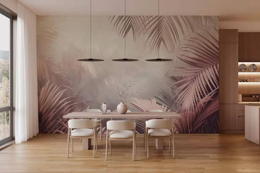 murales selva tropical con un tinte rosado w04142
