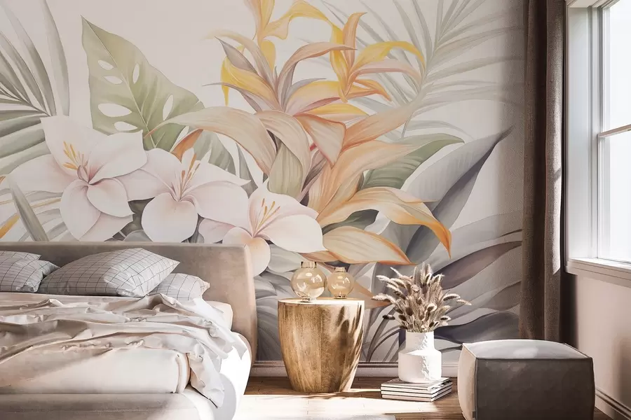 peintures murales Illustration botanique de fleurs tropicales avec des feuilles de palmier et de monstera, couleurs douces, style aquarelle w09201