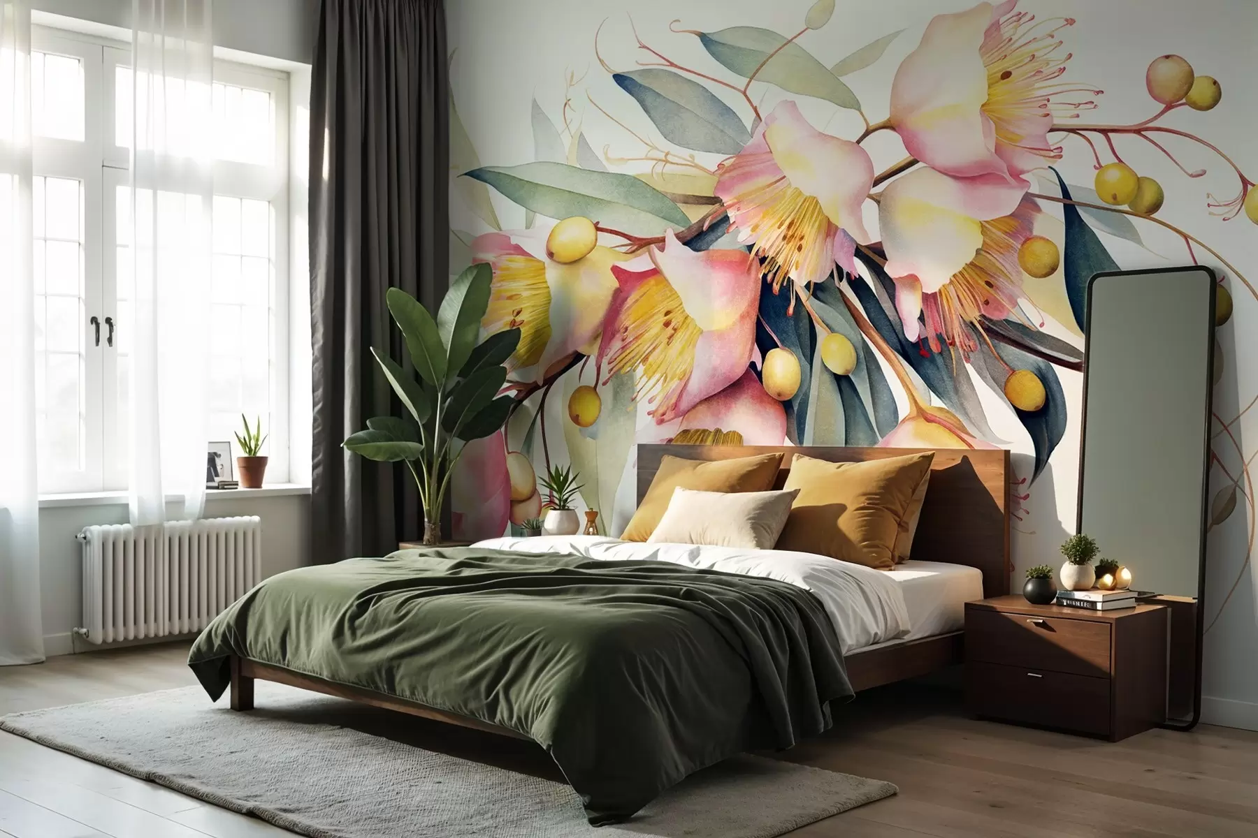 Wall Mural Photo Wallpaper Eucalyptus flowers with green leaves, watercolor style, soft and textured, light background, botanical floral design w09202