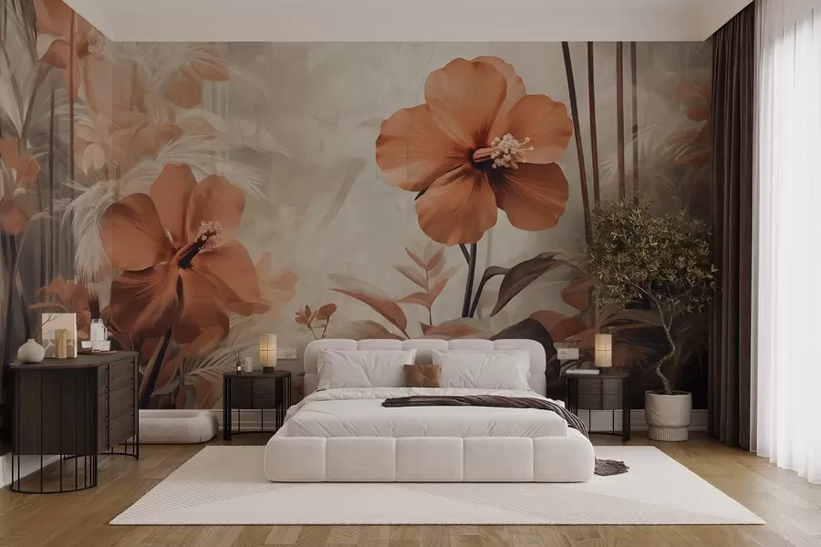 Wall Mural Photo Wallpaper Pastel red hibiscus flowers with leaves and stems, tropical vegetation, soft, muted colors, vintage style w09203