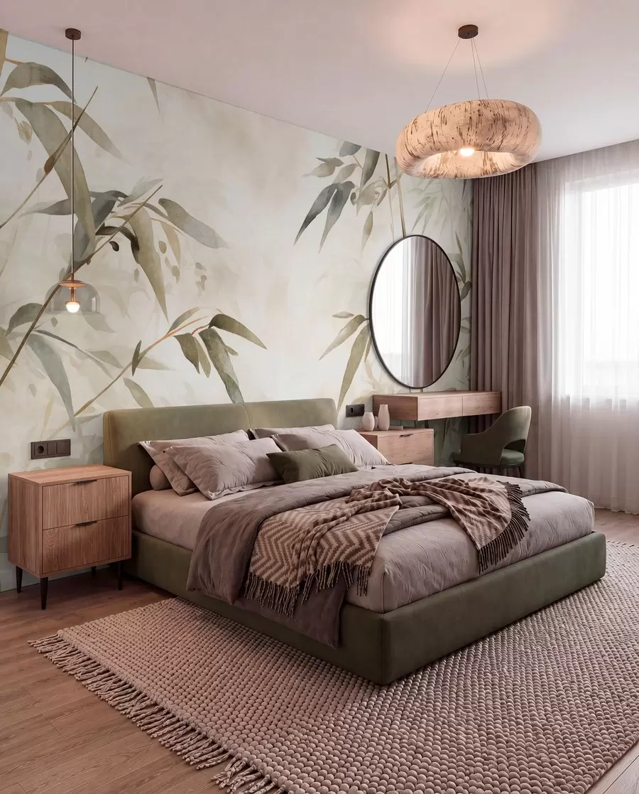 wall murals Bamboo textured branches with leaves in a watercolor style, soft neutral color palette, light beige background w09204