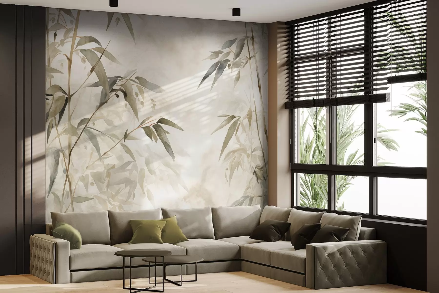 peintures murales Branches de bambou texturées avec des feuilles dans un style aquarelle, palette de couleurs neutres et douces, fond beige clair w09204