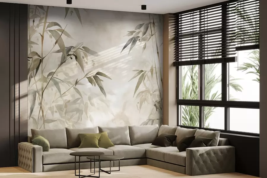 Wall Mural Photo Wallpaper Bamboo textured branches with leaves in a watercolor style, soft neutral color palette, light beige background w09204