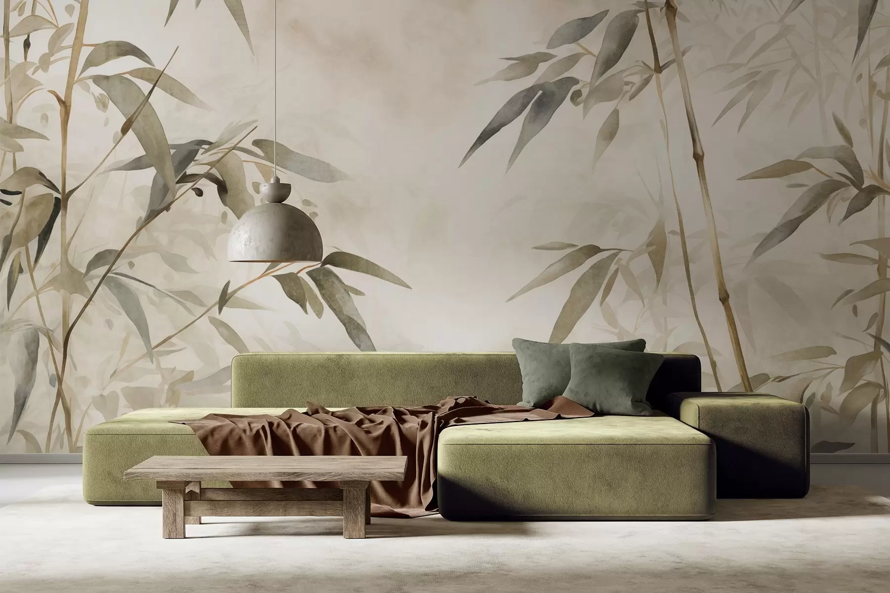wall murals Bamboo textured branches with leaves in a watercolor style, soft neutral color palette, light beige background w09204