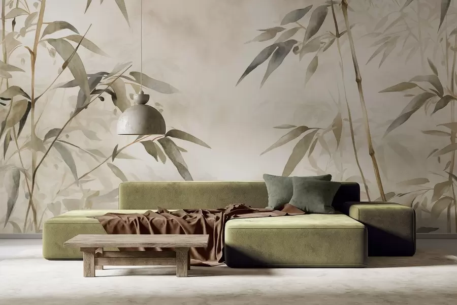 peintures murales Branches de bambou texturées avec des feuilles dans un style aquarelle, palette de couleurs neutres et douces, fond beige clair w09204