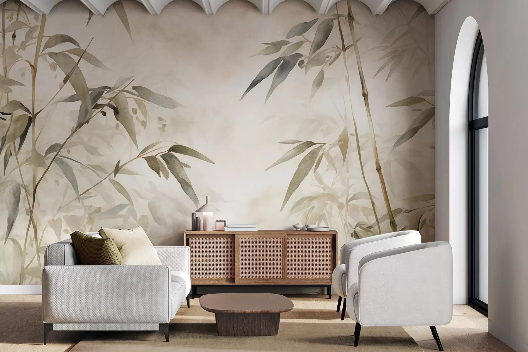 peintures murales Branches de bambou texturées avec des feuilles dans un style aquarelle, palette de couleurs neutres et douces, fond beige clair w09204