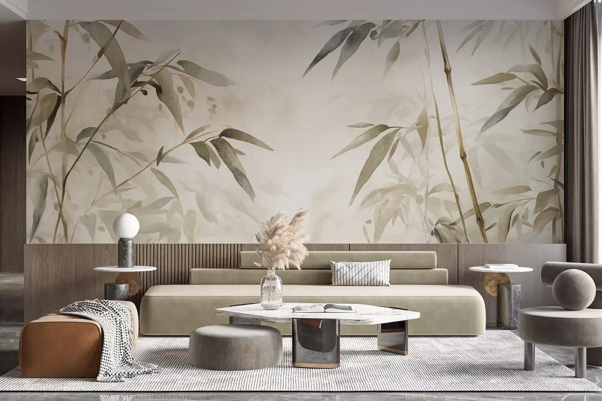 Wall Mural Photo Wallpaper Bamboo textured branches with leaves in a watercolor style, soft neutral color palette, light beige background w09204