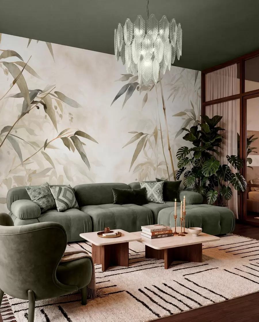 Wall Mural Photo Wallpaper Bamboo textured branches with leaves in a watercolor style, soft neutral color palette, light beige background w09204