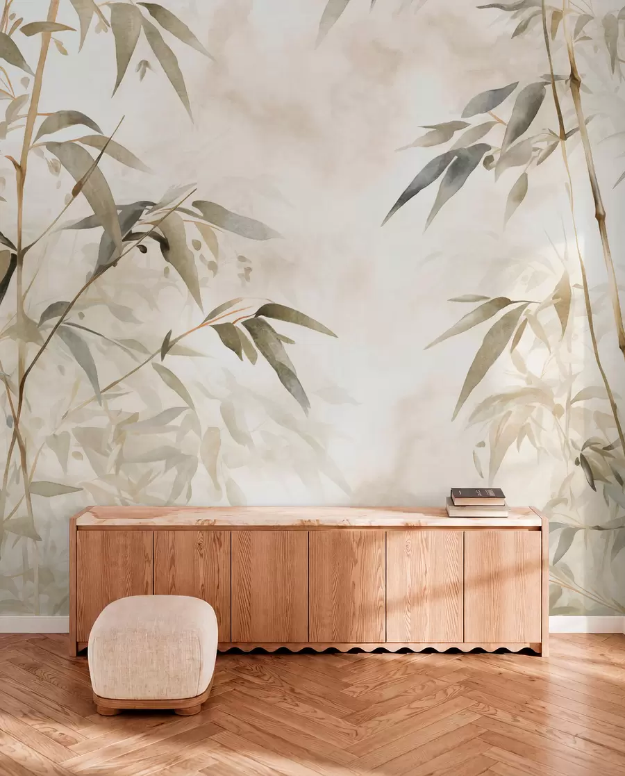 peintures murales Branches de bambou texturées avec des feuilles dans un style aquarelle, palette de couleurs neutres et douces, fond beige clair w09204