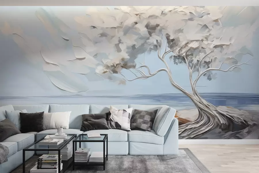 murales Un árbol blanco con hojas gruesas y texturadas en una playa de arena, paisaje con cielo azul claro w09205