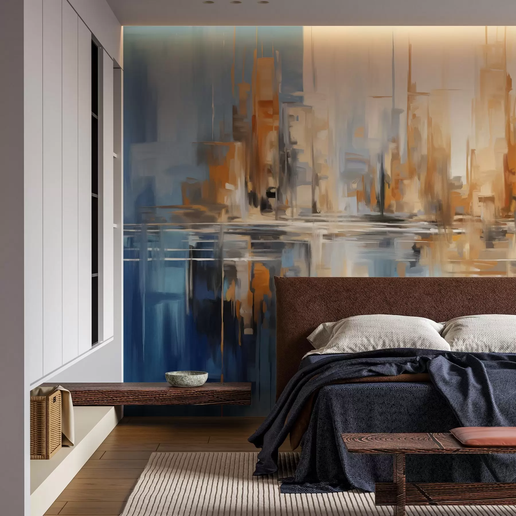 Wall Mural Photo Wallpaper Abstract textured cityscape with tall buildings in shades of orange, blue and white, reflected in water w09207