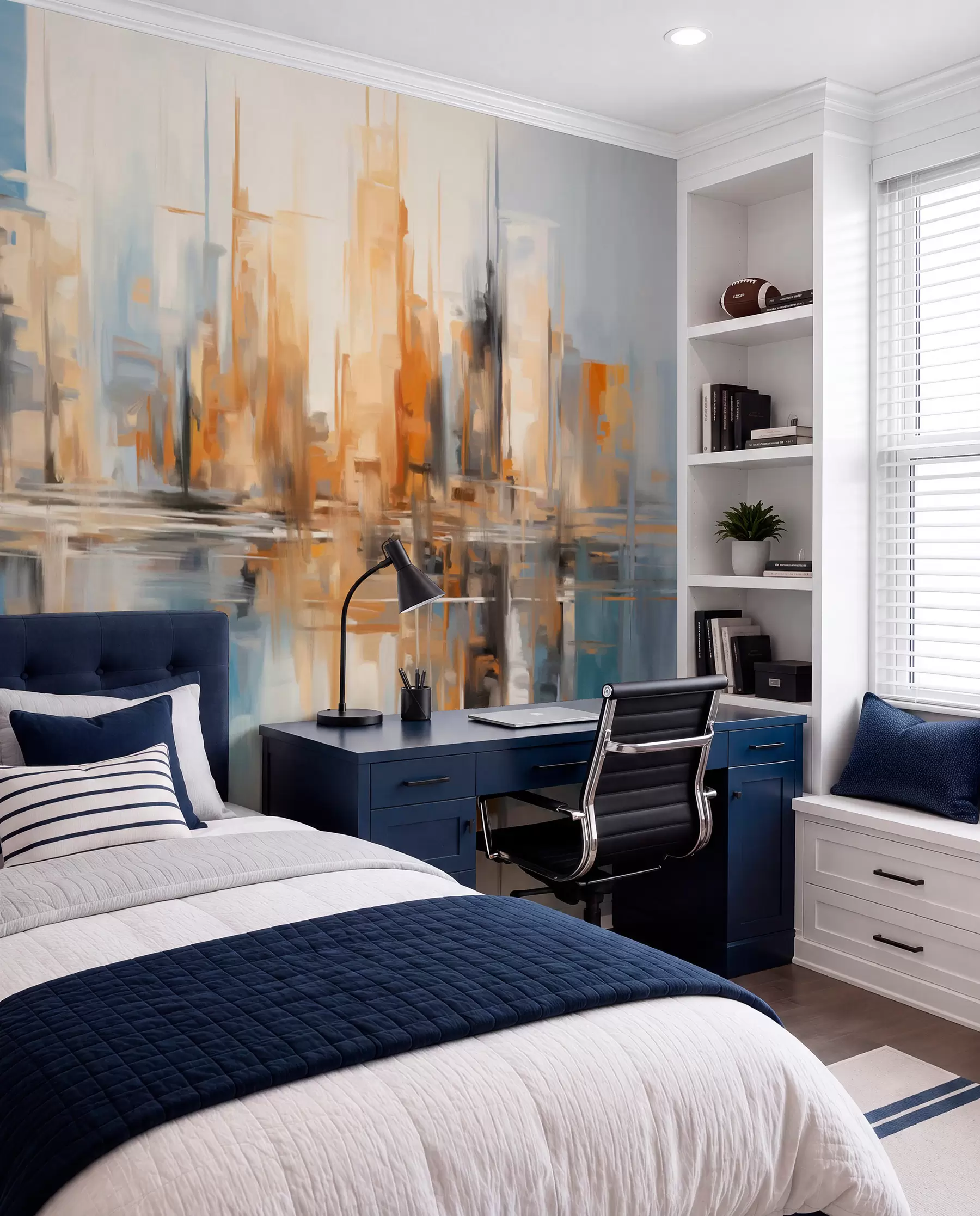 Wall Mural Photo Wallpaper Abstract textured cityscape with tall buildings in shades of orange, blue and white, reflected in water w09207