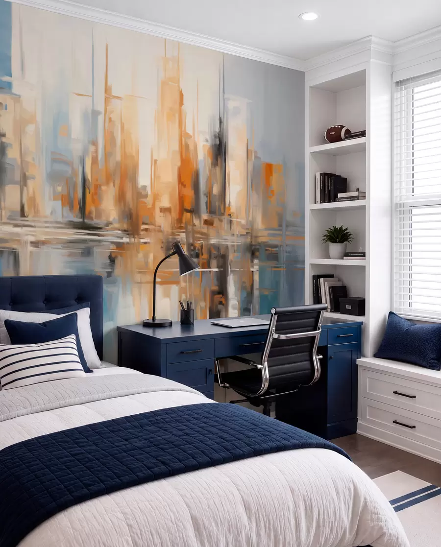 wall murals Abstract textured cityscape with tall buildings in shades of orange, blue and white, reflected in water w09207