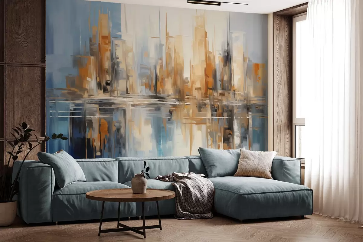wall murals Abstract textured cityscape with tall buildings in shades of orange, blue and white, reflected in water w09207