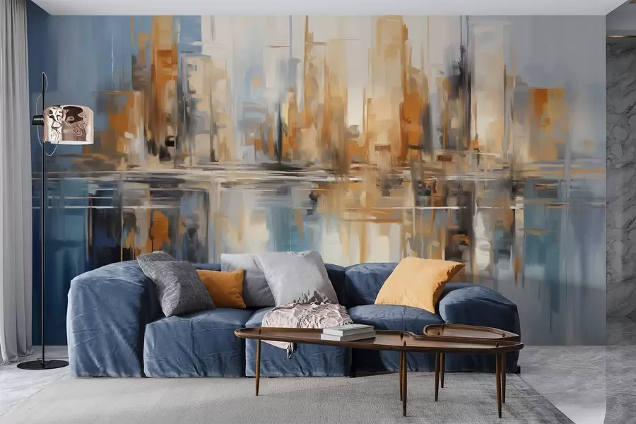 Wall Mural Photo Wallpaper Abstract textured cityscape with tall buildings in shades of orange, blue and white, reflected in water w09207