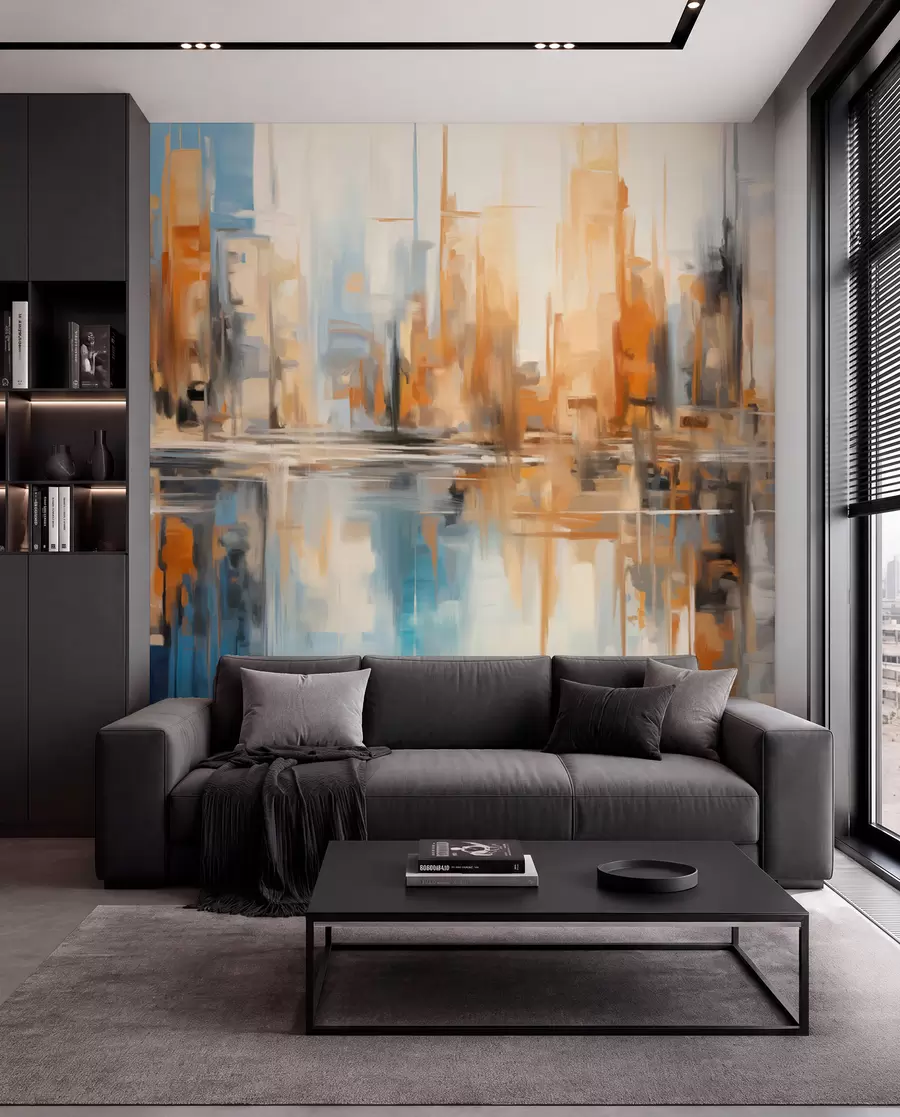peintures murales Paysage urbain abstrait texturé avec de grands bâtiments dans les tons orange, bleu et blanc, se reflétant dans l'eau w09207