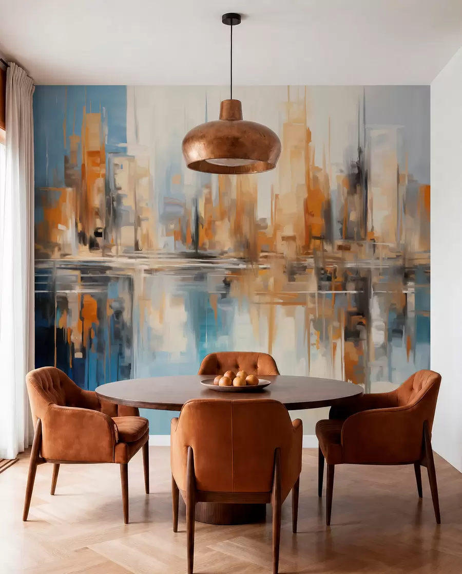 wall murals Abstract textured cityscape with tall buildings in shades of orange, blue and white, reflected in water w09207