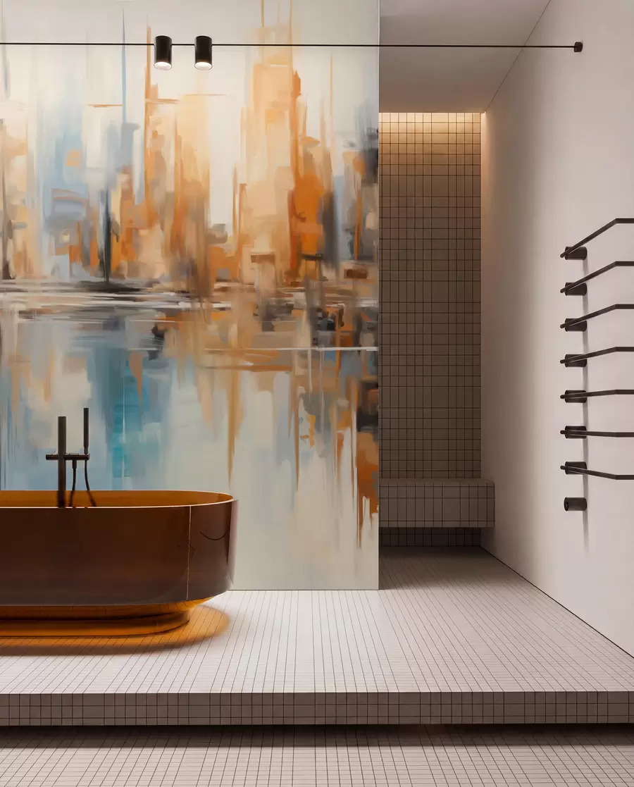wall murals Abstract textured cityscape with tall buildings in shades of orange, blue and white, reflected in water w09207