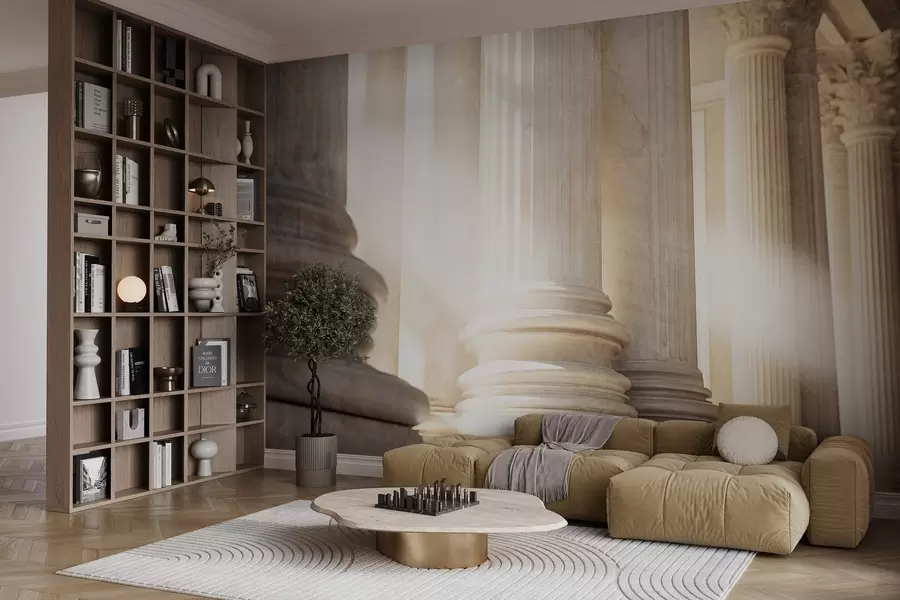 Wall Mural Photo Wallpaper Columns, classic architecture, elegant design, textured symmetrical composition, neutral color palette w09209