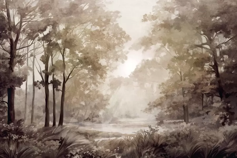 murales Paisaje forestal texturizado, árboles con hojas beige y marrones, paleta de colores pastel w09210