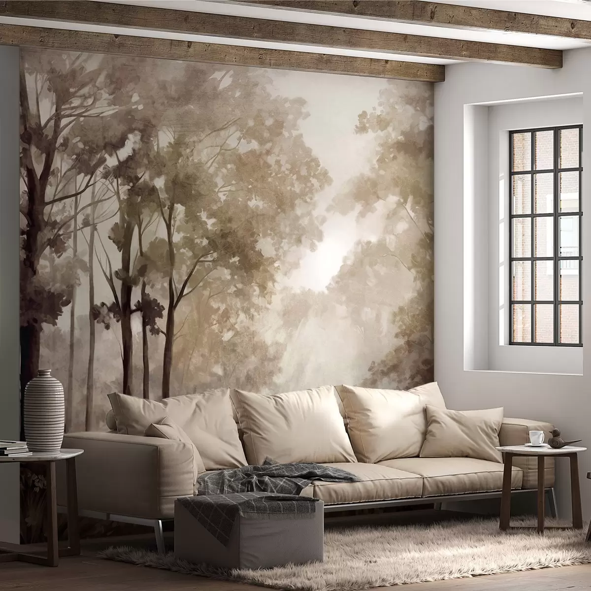 Wall Mural Photo Wallpaper Textured forest landscape, trees with beige and brown leaves, pastel color palette w09210