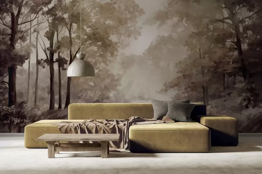 Wall Mural Photo Wallpaper Textured forest landscape, trees with beige and brown leaves, pastel color palette w09210