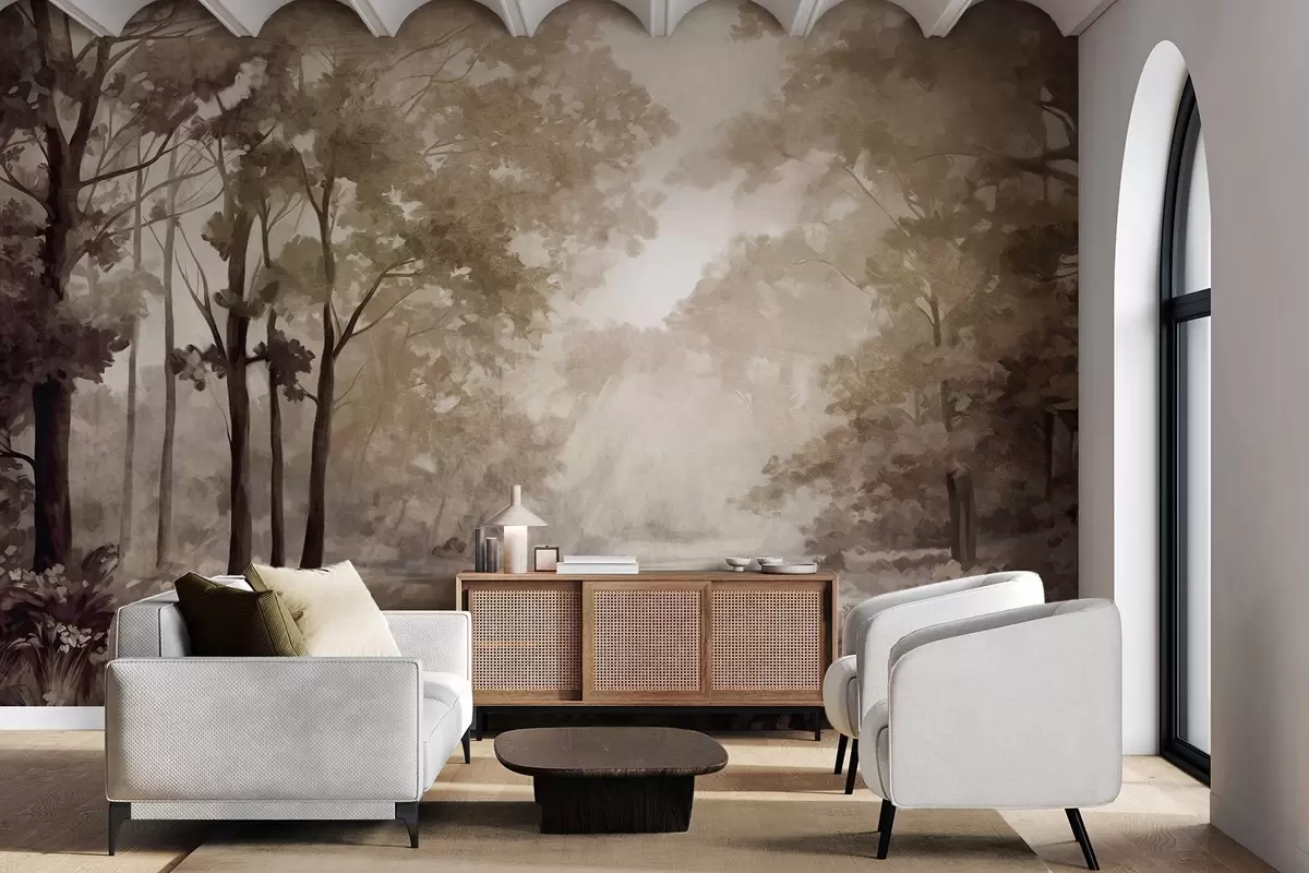 Wall Mural Photo Wallpaper Textured forest landscape, trees with beige and brown leaves, pastel color palette w09210
