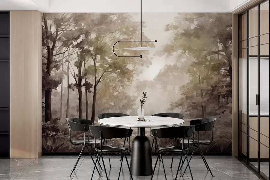 murales Paisaje forestal texturizado, árboles con hojas beige y marrones, paleta de colores pastel w09210