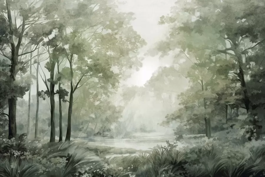 wall murals Textured forest landscape, trees with  green leaves, pastel color palette w09210v2