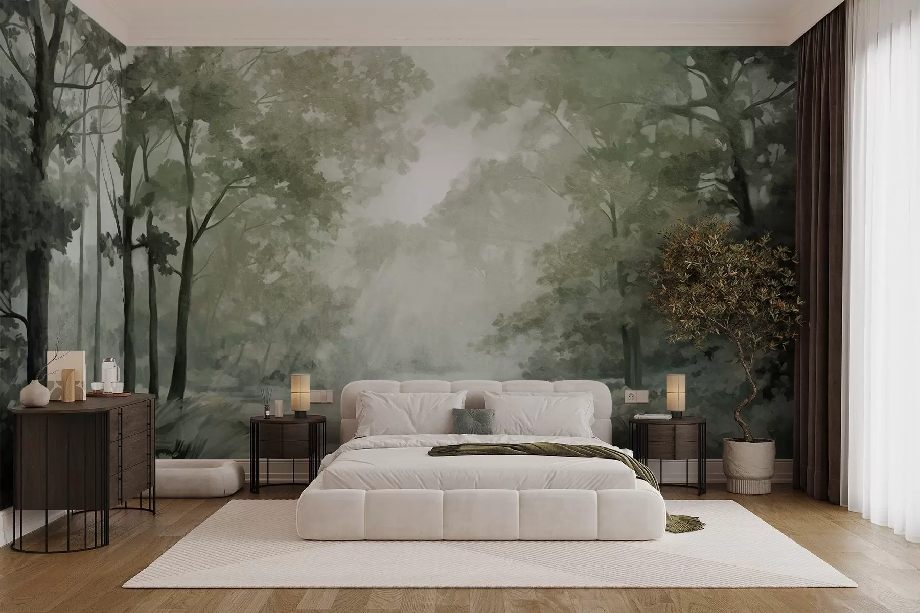 peintures murales Paysage forestier texturé, arbres aux feuilles vertes, palette de couleurs pastel w09210v2