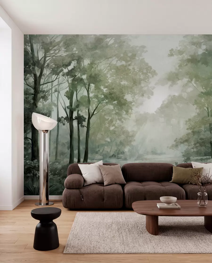 Wall Mural Photo Wallpaper Textured forest landscape, trees with  green leaves, pastel color palette w09210v2