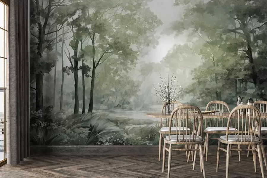 wall murals Textured forest landscape, trees with  green leaves, pastel color palette w09210v2