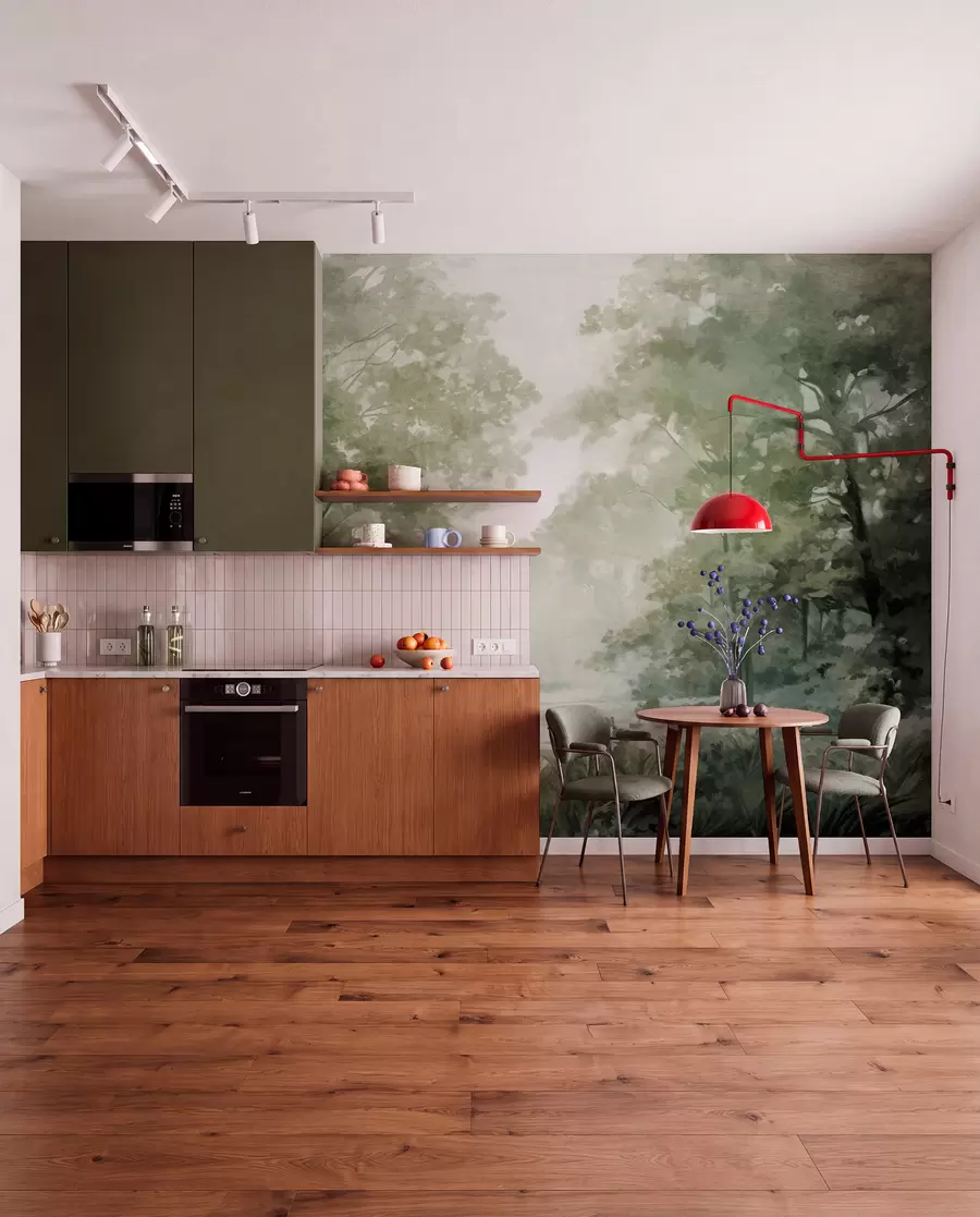 wall murals Textured forest landscape, trees with  green leaves, pastel color palette w09210v2