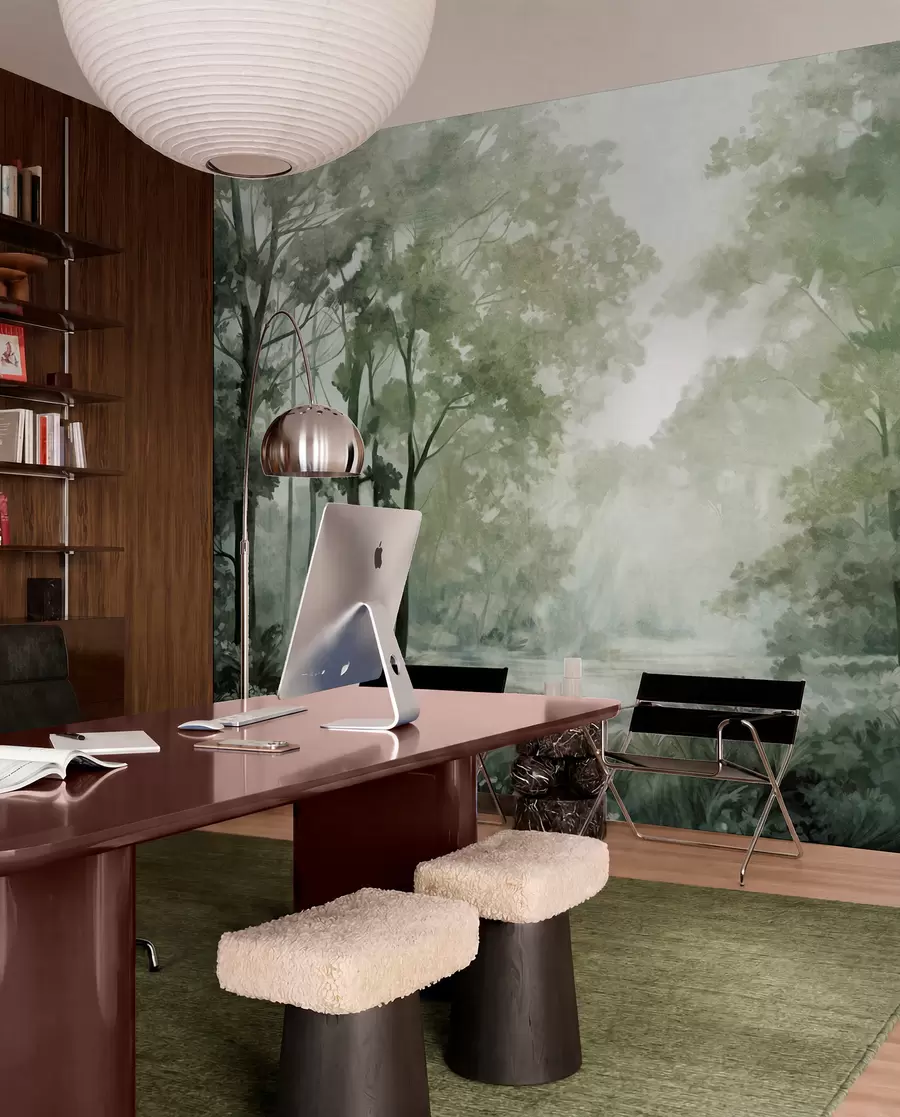 wall murals Textured forest landscape, trees with  green leaves, pastel color palette w09210v2