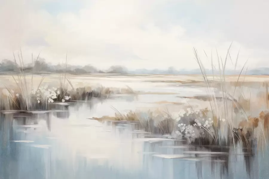 Wall Mural Photo Wallpaper Textured tranquil landscape with tall grasses and calm water, soft pastel colors, distant trees on the horizon w09213