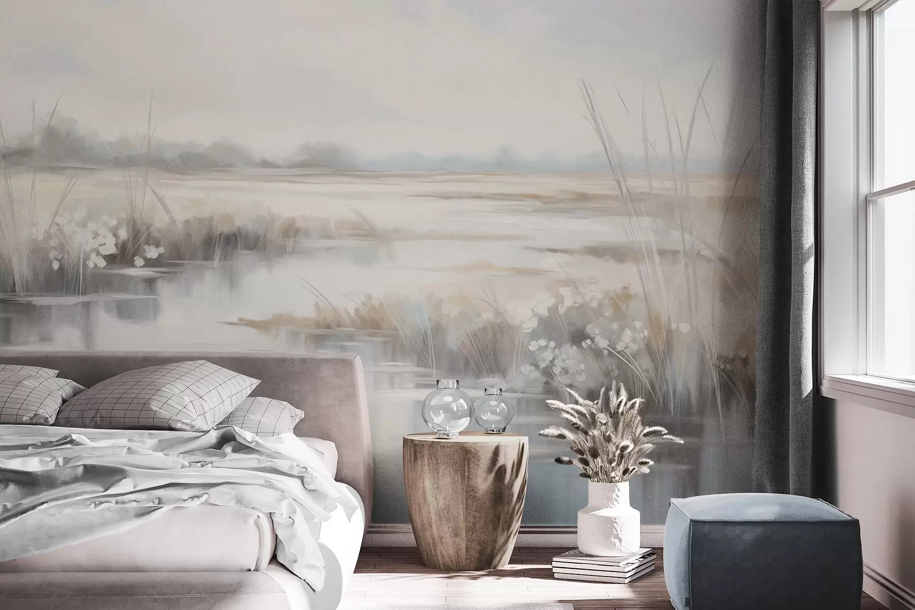 wall murals Textured tranquil landscape with tall grasses and calm water, soft pastel colors, distant trees on the horizon w09213