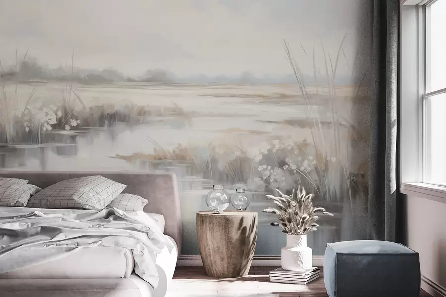 Wall Mural Photo Wallpaper Textured tranquil landscape with tall grasses and calm water, soft pastel colors, distant trees on the horizon w09213