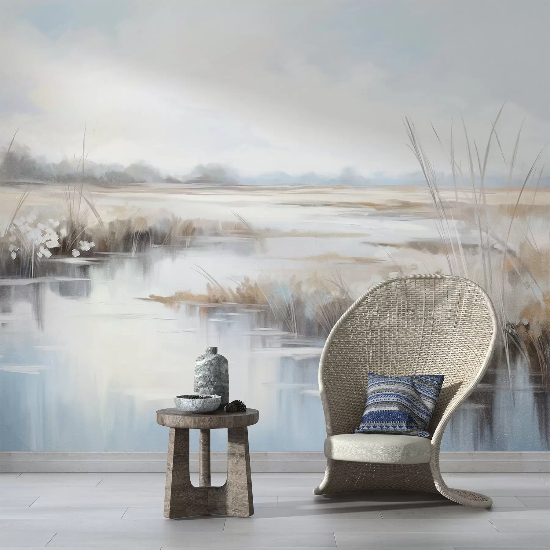 peintures murales Paysage tranquille texturé avec des herbes hautes et de l'eau calme, des couleurs pastel douces, des arbres lointains à l'horizon w09213