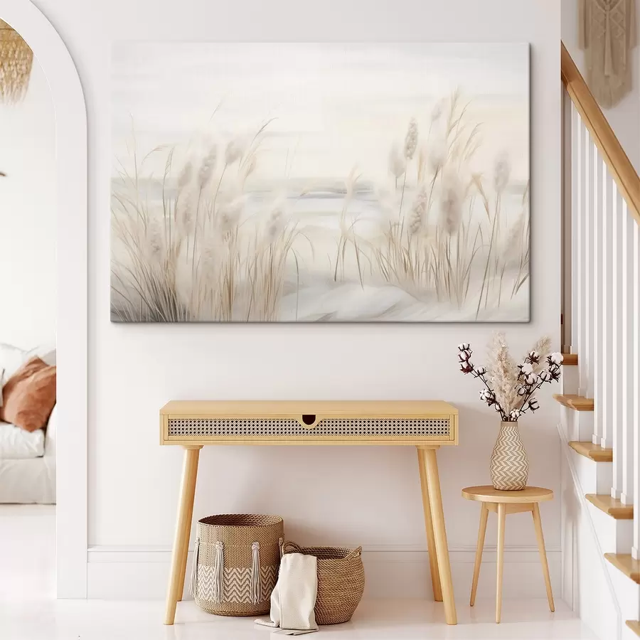 wall murals Beige reeds in the foreground, with seed heads, soft and delicate , a blurred background and a light sky s44851