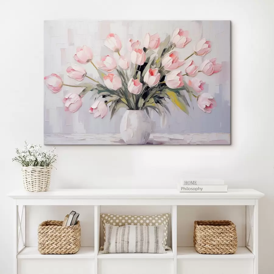 murales Un jarrón con tulipanes rosas, hojas verdes, fondo gris claro , estilo pintura al óleo, pinceladas gruesas s44852