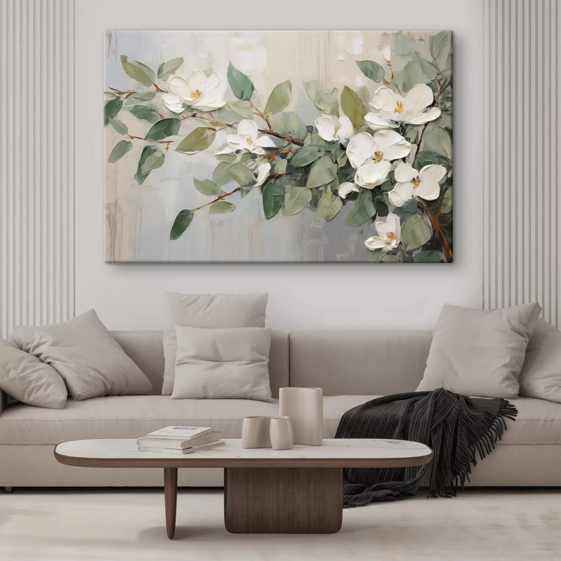 wall murals Magnolia flowers with green leaves on a branch, impasto  textured style, soft color palette s44853