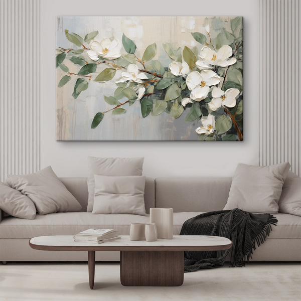 Magnolia flowers with green leaves on a branch, impasto  textured style, soft color palette