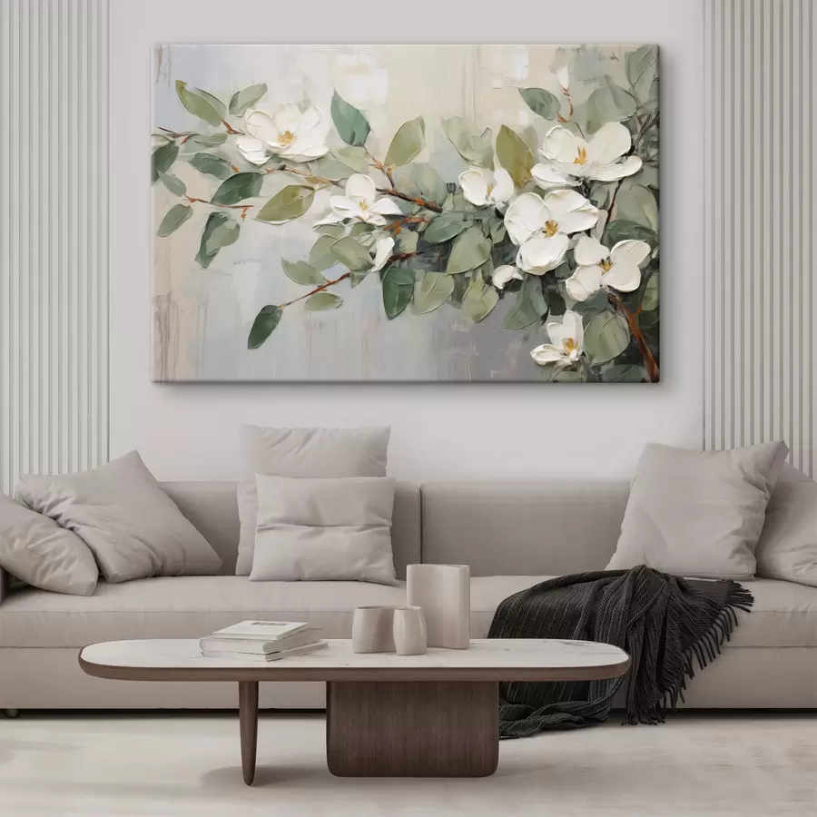 wall murals Magnolia flowers with green leaves on a branch, impasto  textured style, soft color palette s44853