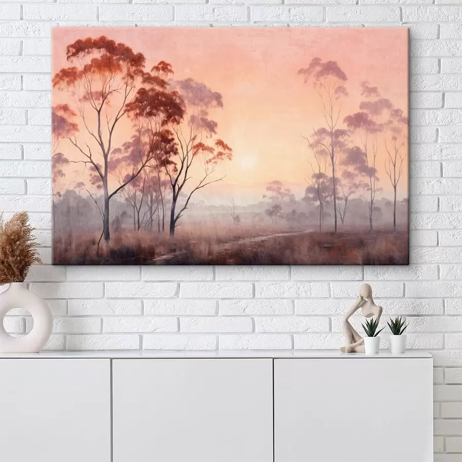 wall murals A landscape painting of a field with tall grass and trees, the sun is in the background s44854