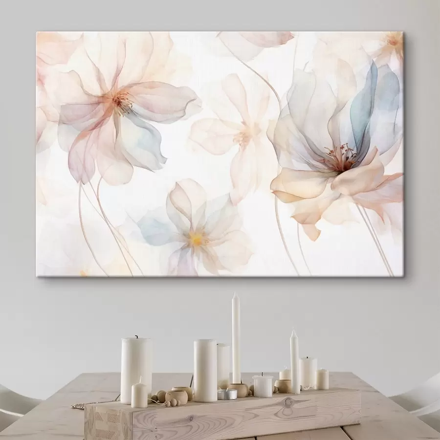 wall murals Translucent textured flowers in pastel colors, delicate petals, delicate lines on a white background s44855
