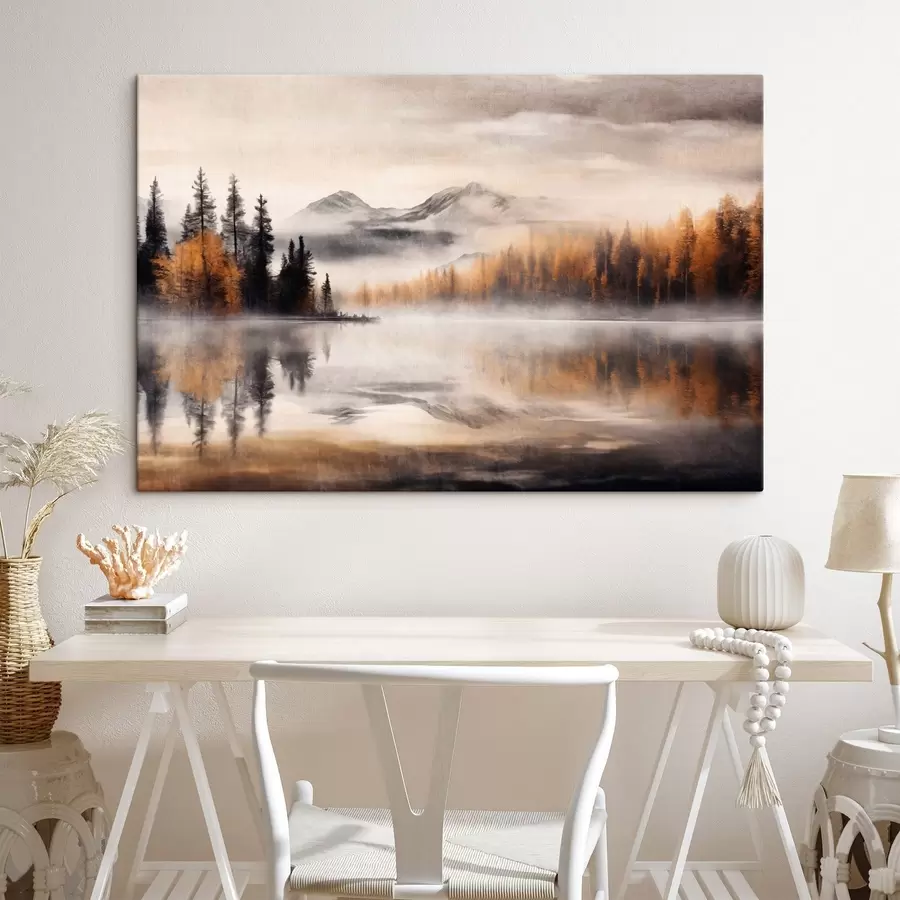 murales Un paisaje lacustre de textura brumosa con pinos y montañas, cielo gris nublado s44856