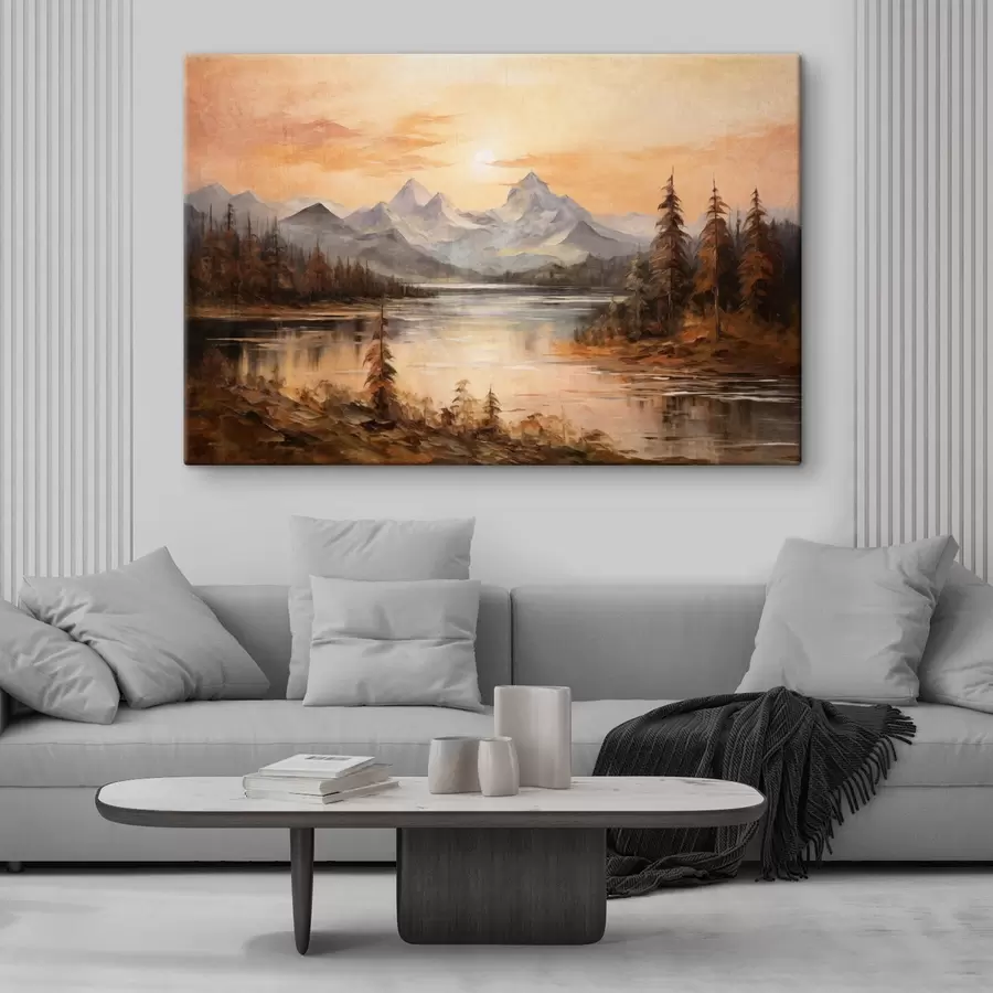 wall murals Landscape with a lake surrounded by trees and mountains in the background, orange sky with the sun  s44857