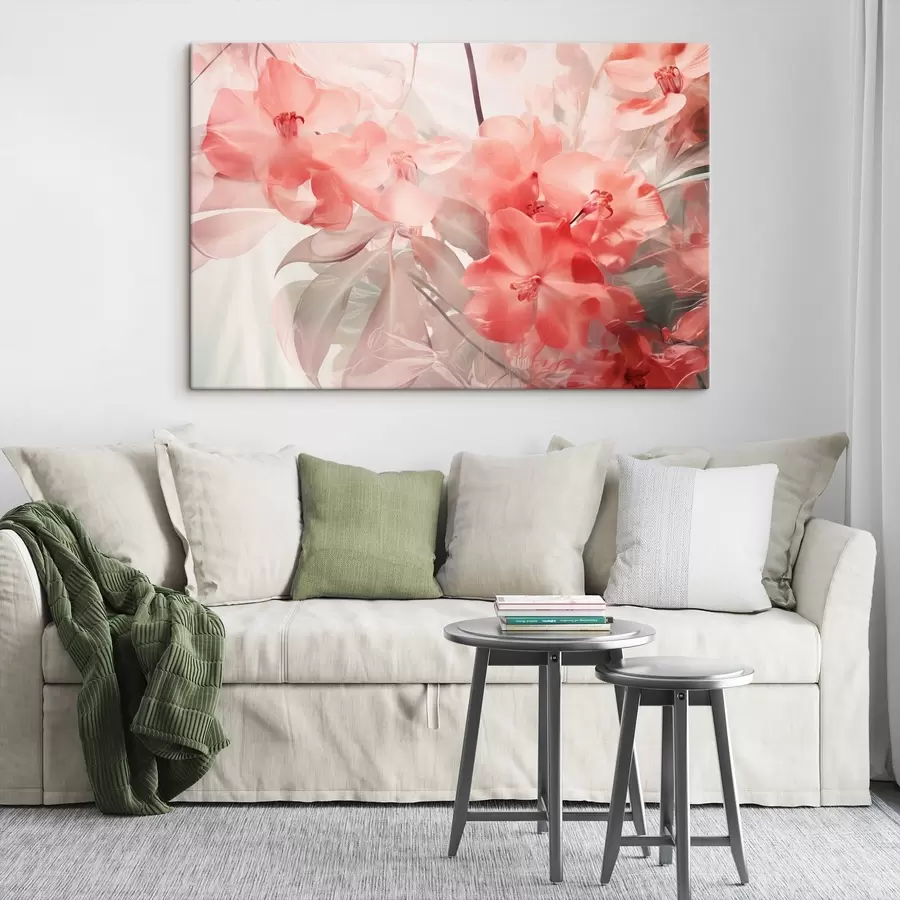 murales Flores tropicales de color rosa vibrante con hojas verdes suaves y apagadas, que crean una delicada textura de ensueño s44861